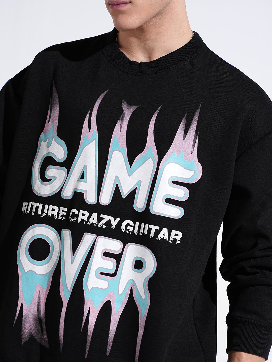 Men's Typography Black Graphic Printed Round Neck Ribbed Sweatshirt