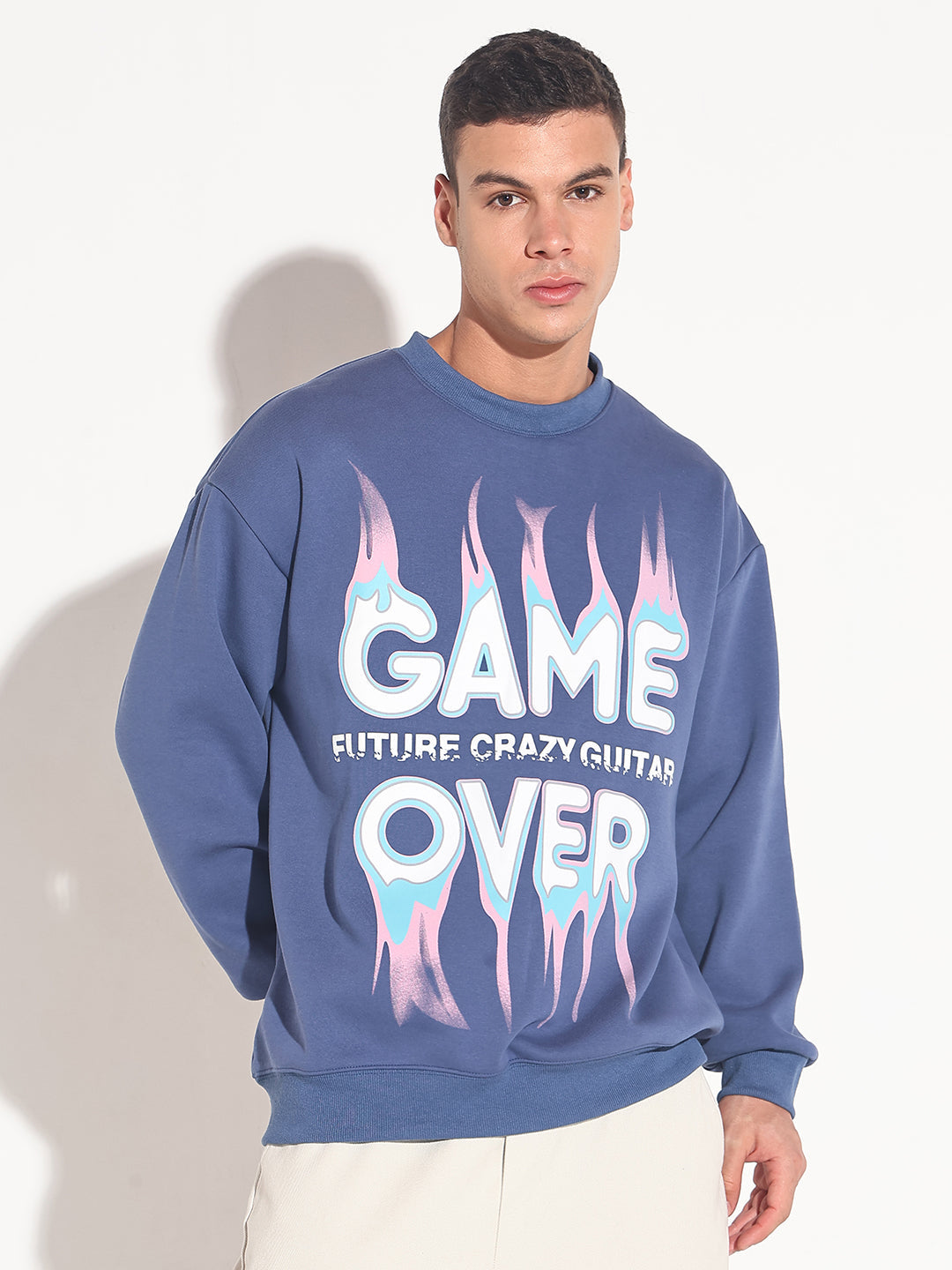 Men's Typography Blue Graphic Printed Round Neck Ribbed Sweatshirt