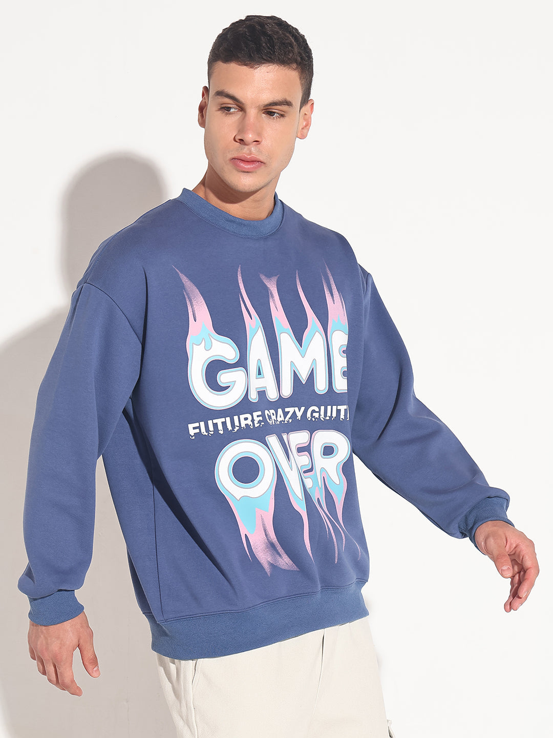 Men's Typography Blue Graphic Printed Round Neck Ribbed Sweatshirt