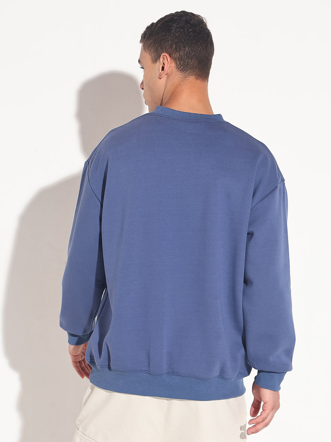 Men's Typography Blue Graphic Printed Round Neck Ribbed Sweatshirt