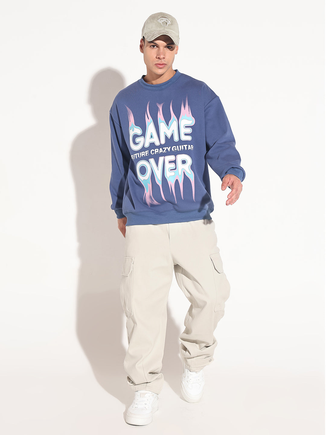 Men's Typography Blue Graphic Printed Round Neck Ribbed Sweatshirt