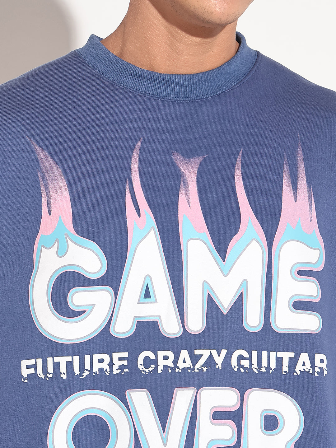 Men's Typography Blue Graphic Printed Round Neck Ribbed Sweatshirt