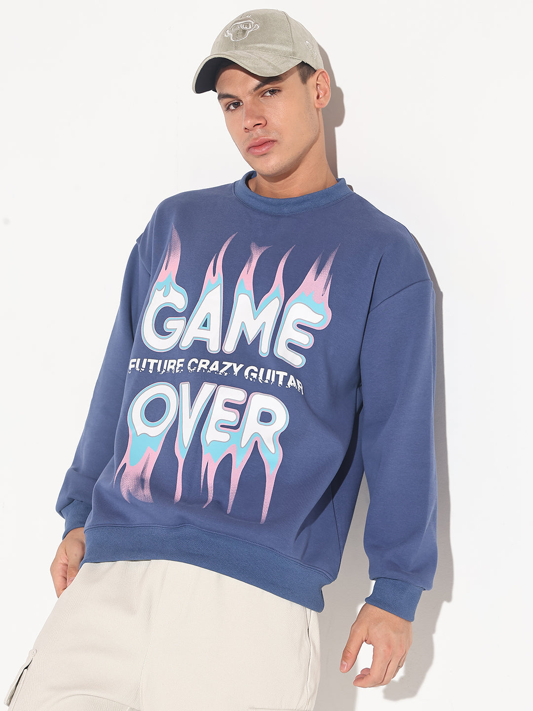 Men's Typography Blue Graphic Printed Round Neck Ribbed Sweatshirt