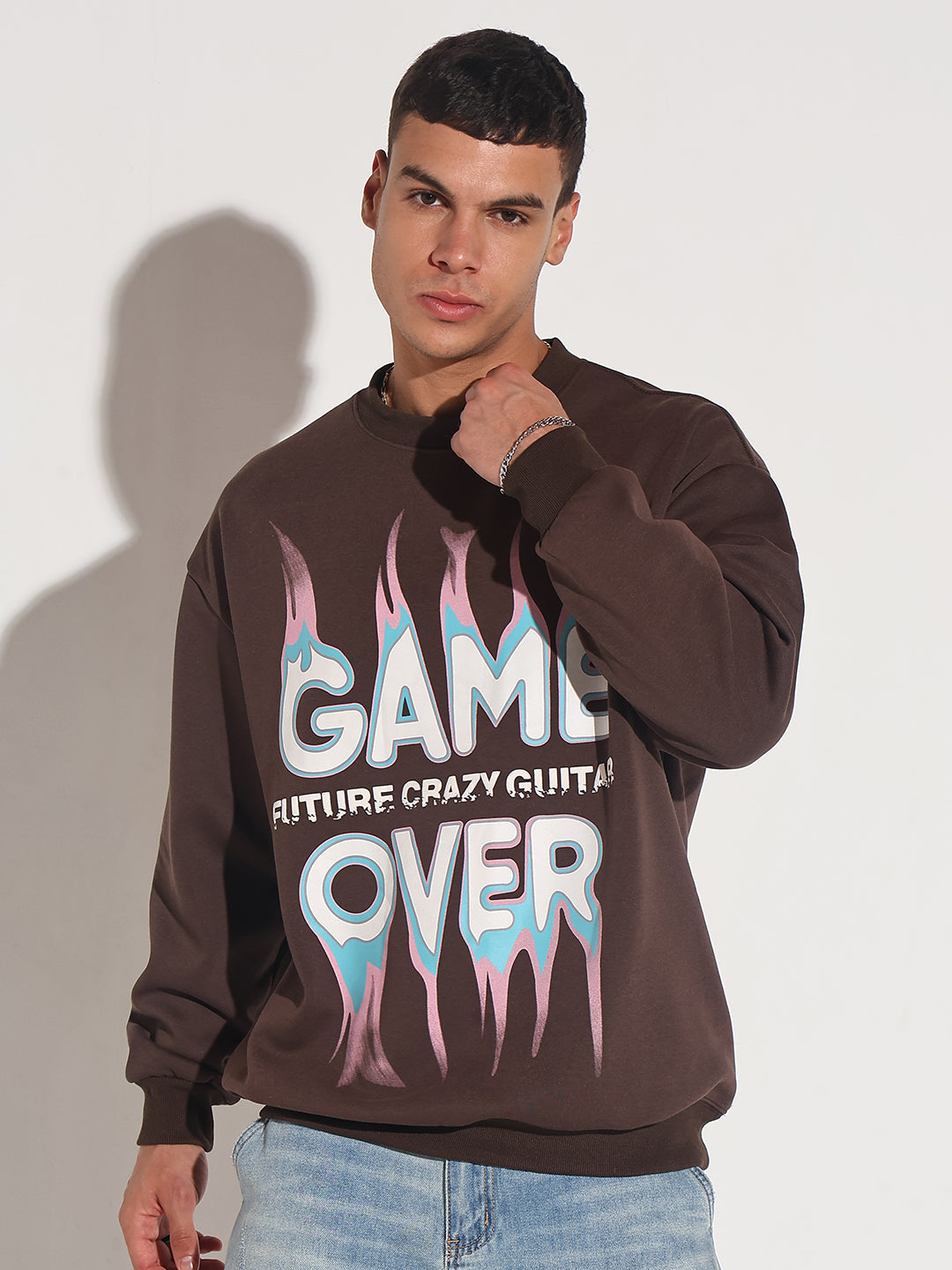 Men's Typography Brown Graphic Printed Round Neck Ribbed Sweatshirt