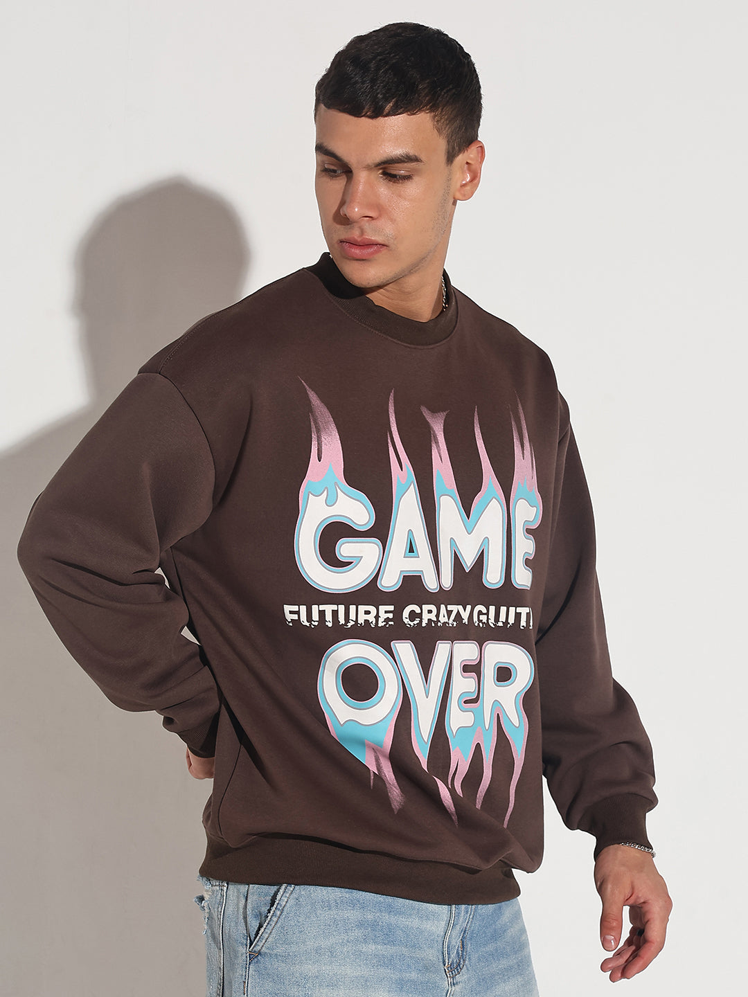 Men's Typography Brown Graphic Printed Round Neck Ribbed Sweatshirt