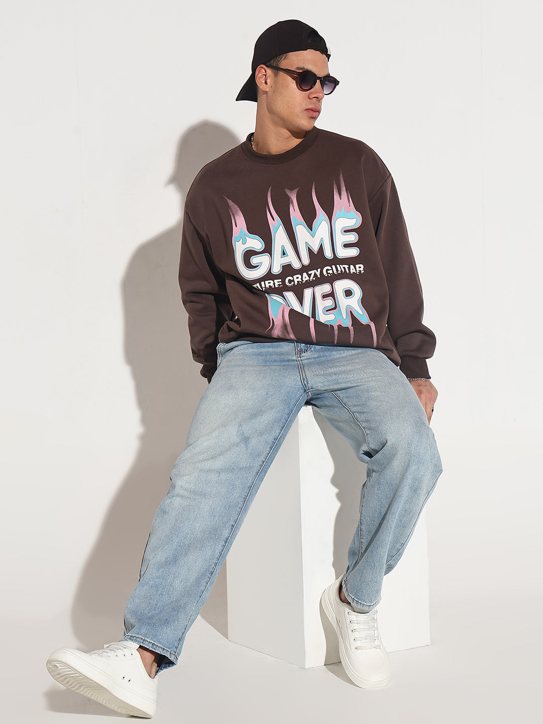 Men's Typography Brown Graphic Printed Round Neck Ribbed Sweatshirt