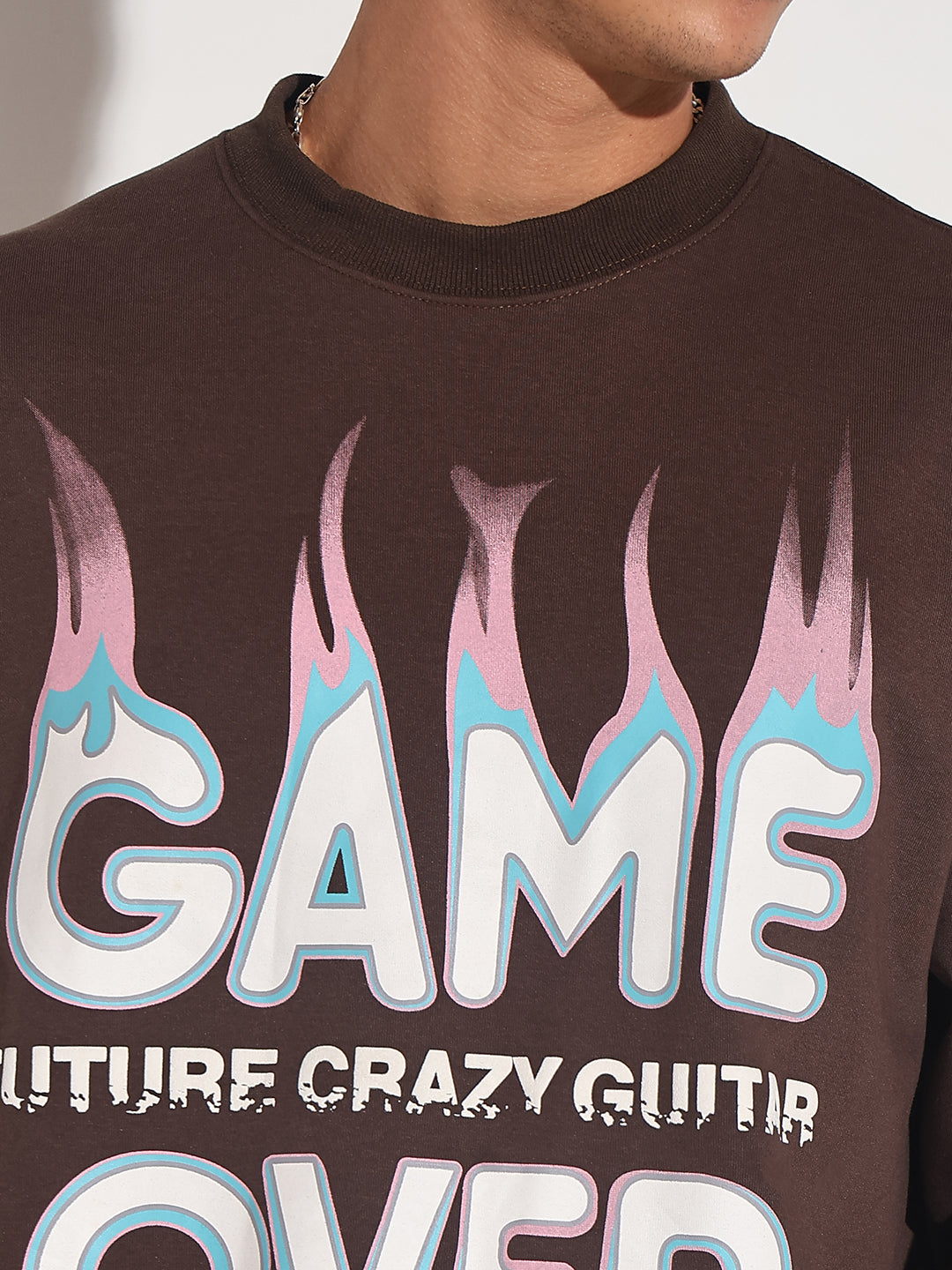 Men's Typography Brown Graphic Printed Round Neck Ribbed Sweatshirt