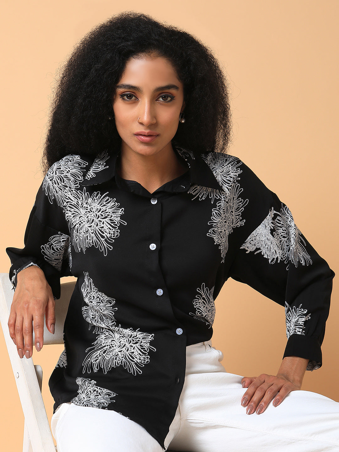 Women Floral Black Oversized Shirt