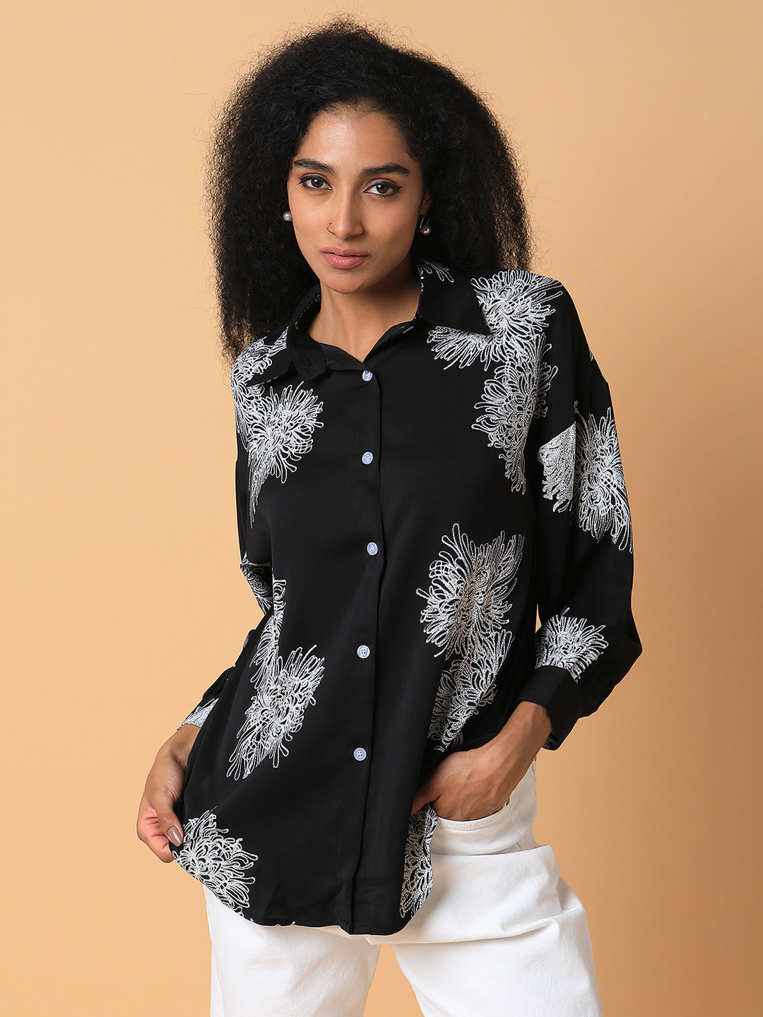 Women Floral Black Oversized Shirt