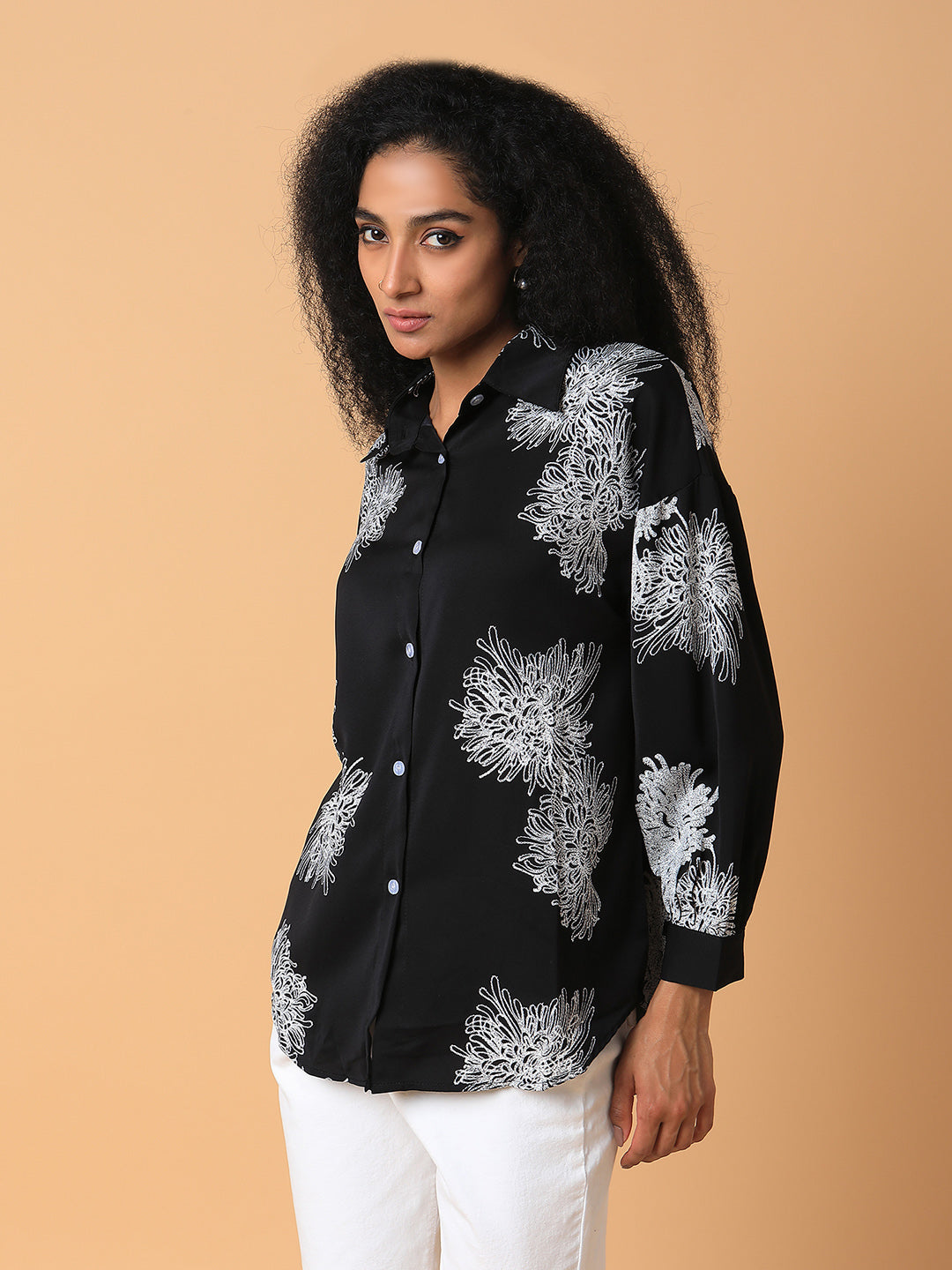 Women Floral Black Oversized Shirt