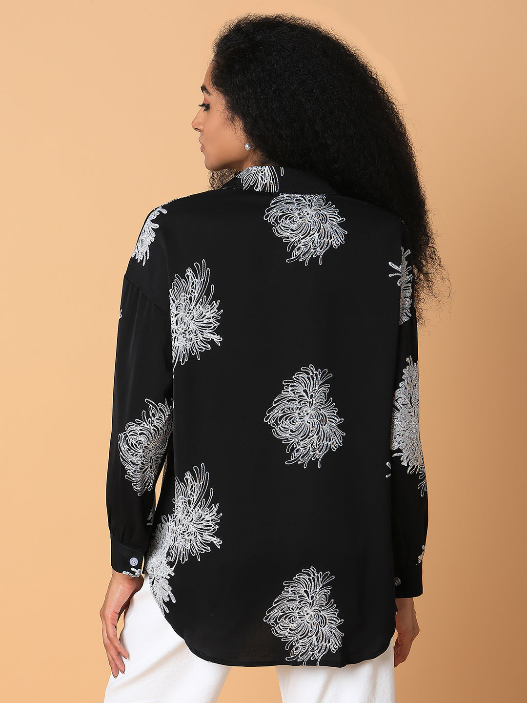 Women Floral Black Oversized Shirt