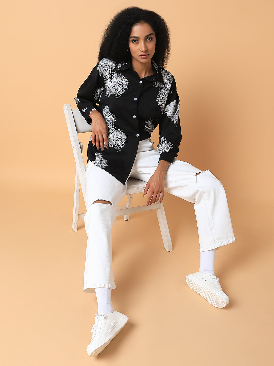 Women Floral Black Oversized Shirt