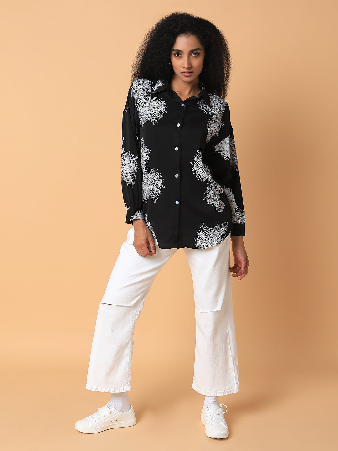 Women Floral Black Oversized Shirt