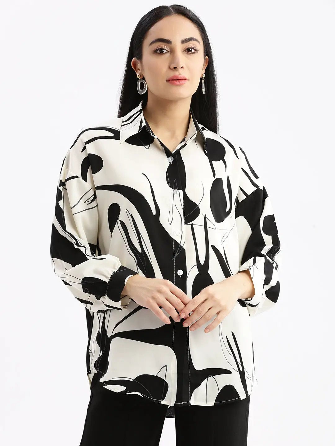 Women's Abstract Cream Oversized Shirt
