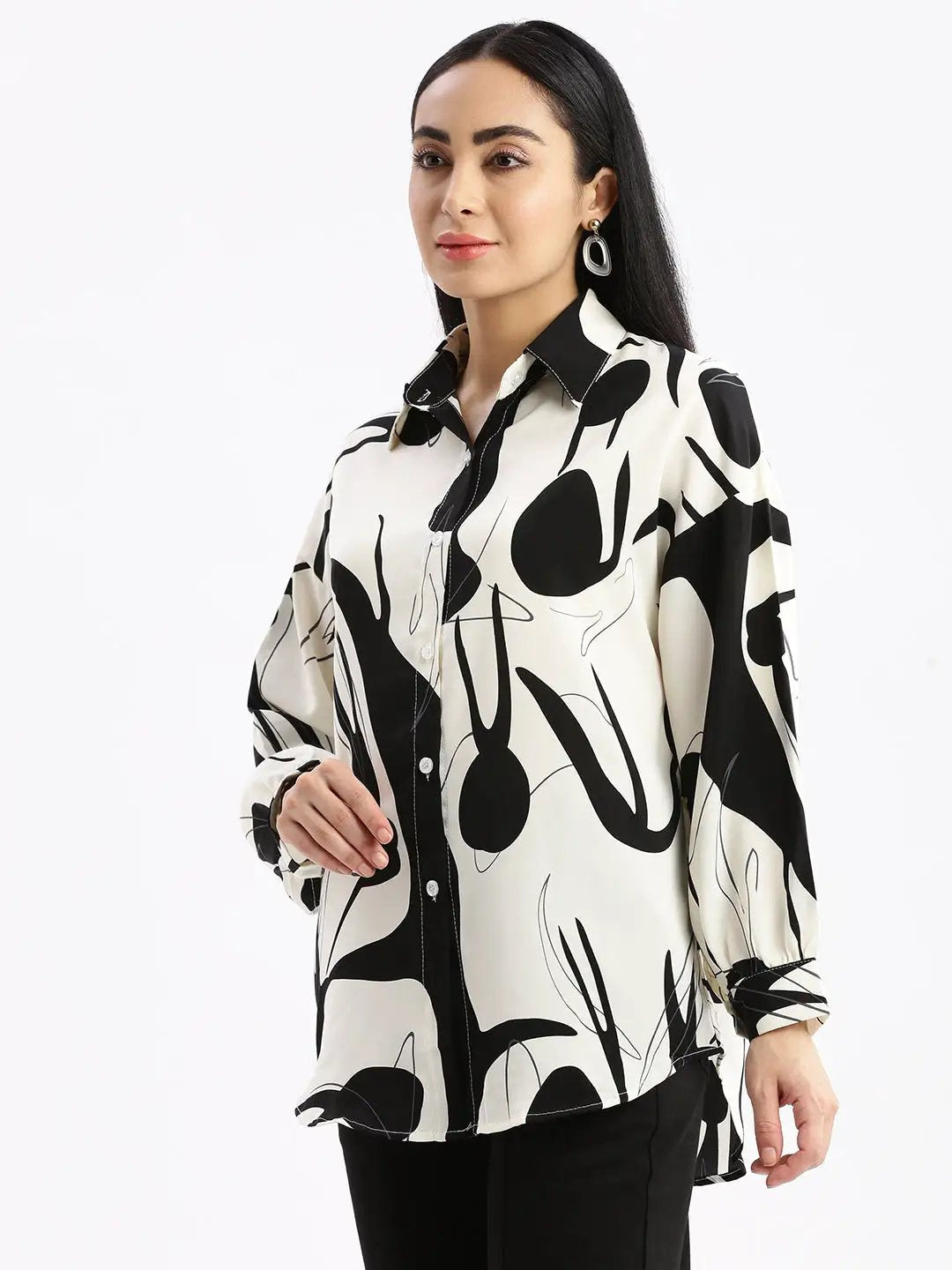 Women's Abstract Cream Oversized Shirt