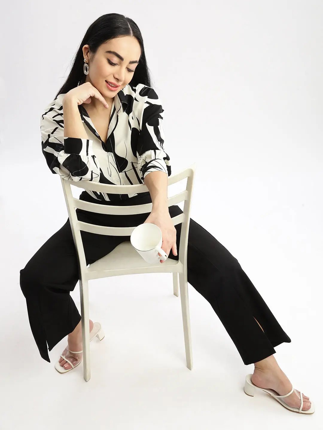 Women's Abstract Cream Oversized Shirt