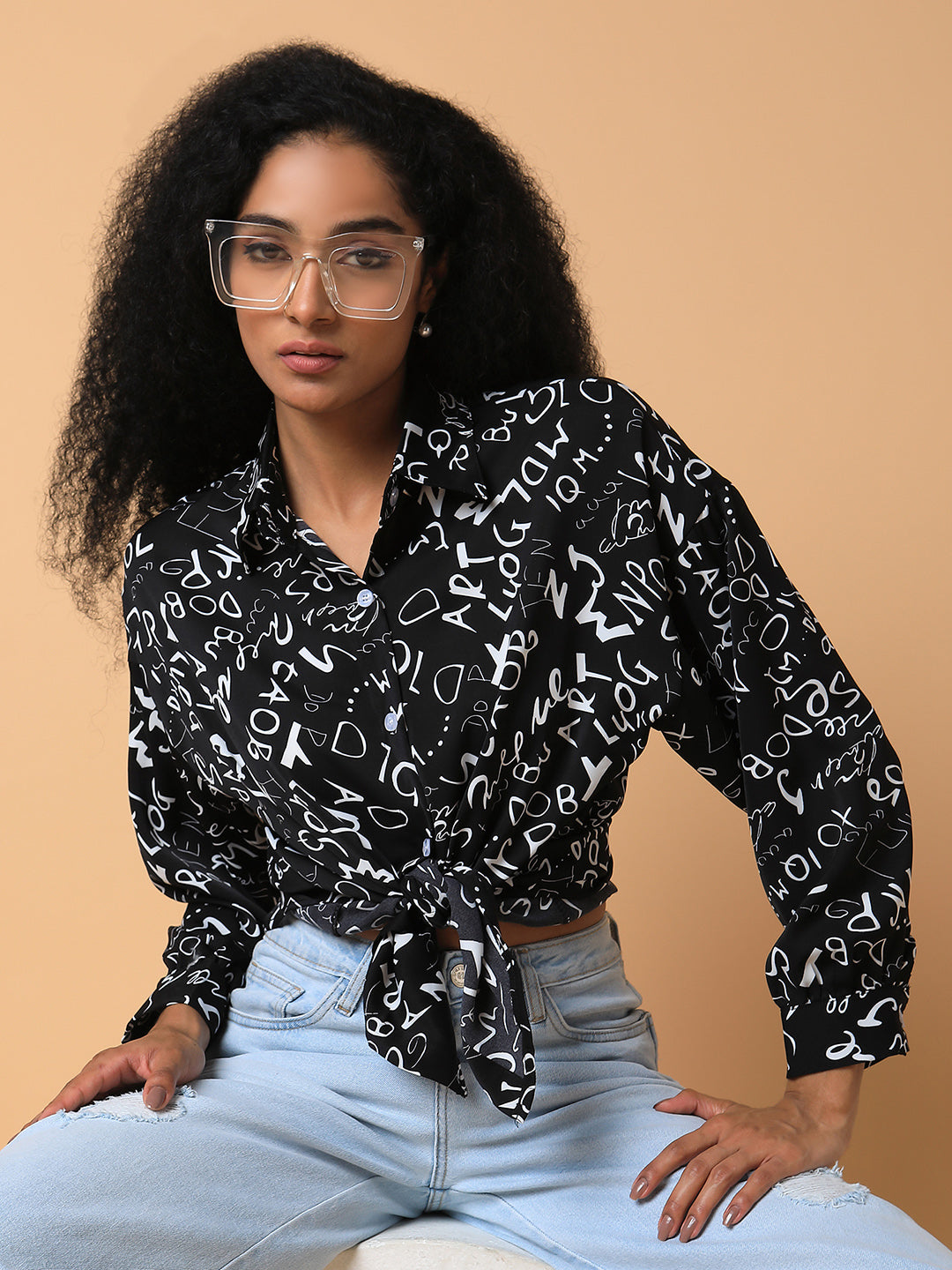 Women Graphic Print Black Oversized Shirt