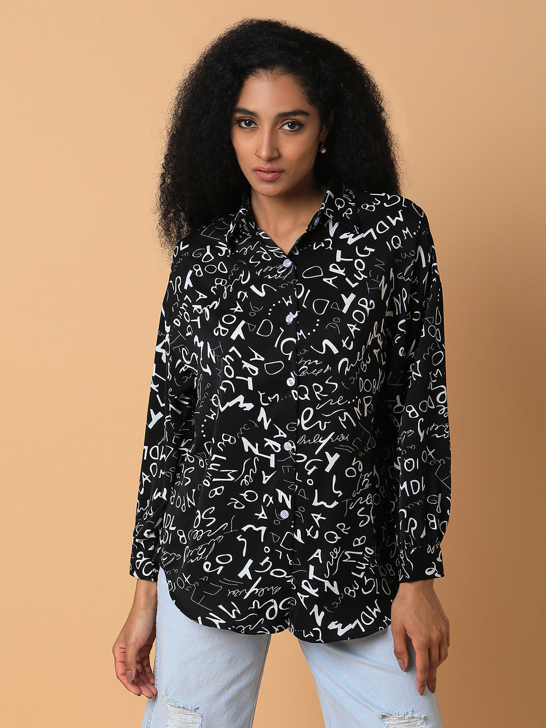 Women Graphic Print Black Oversized Shirt