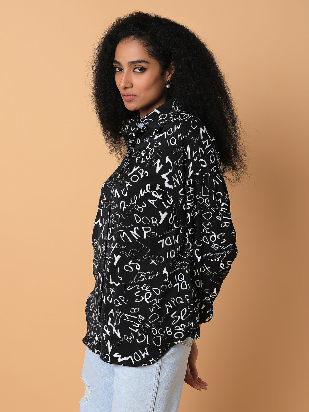 Women Graphic Print Black Oversized Shirt