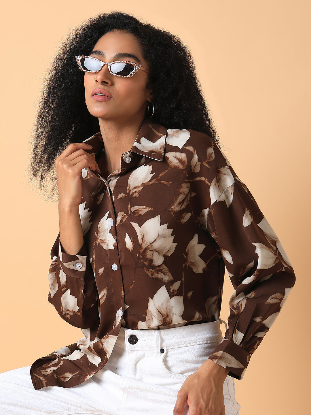 Women Floral Brown Oversized Shirt