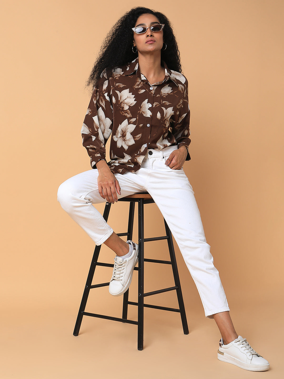 Women Floral Brown Oversized Shirt