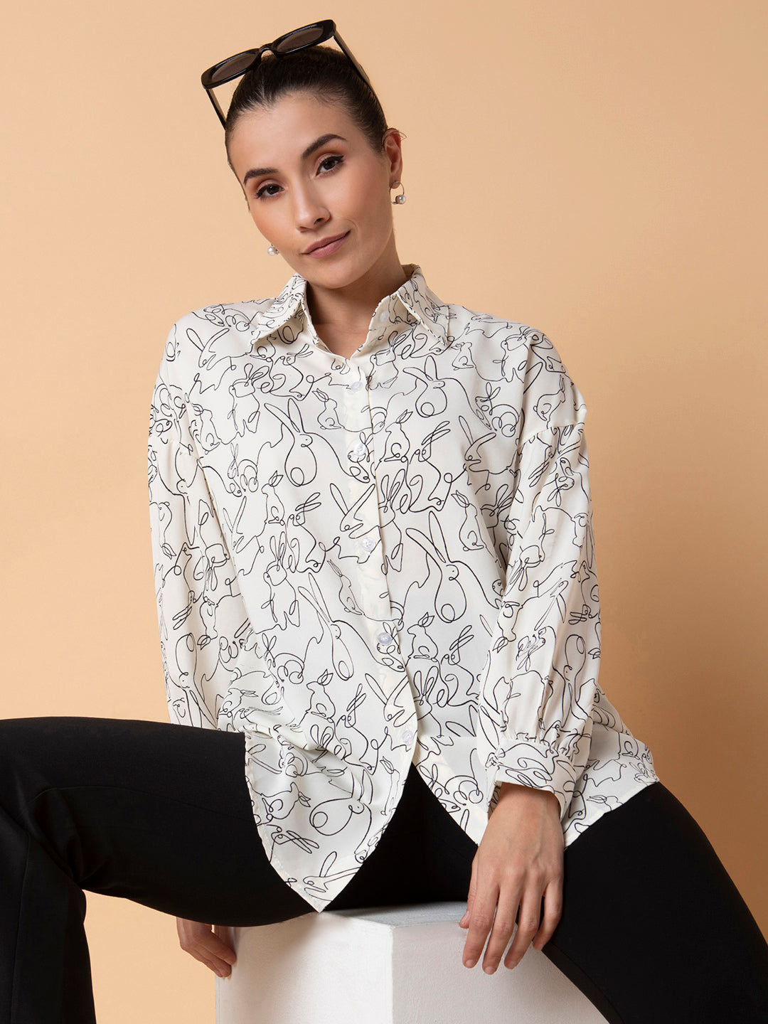 Women Printed Cream Oversized Shirt