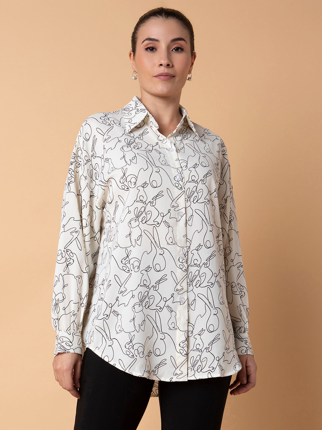 Women Printed Cream Oversized Shirt