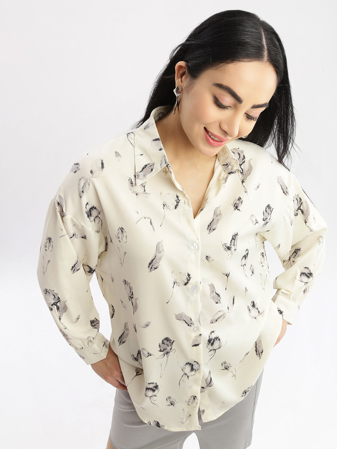 Women Abstract Cream Oversized Shirt