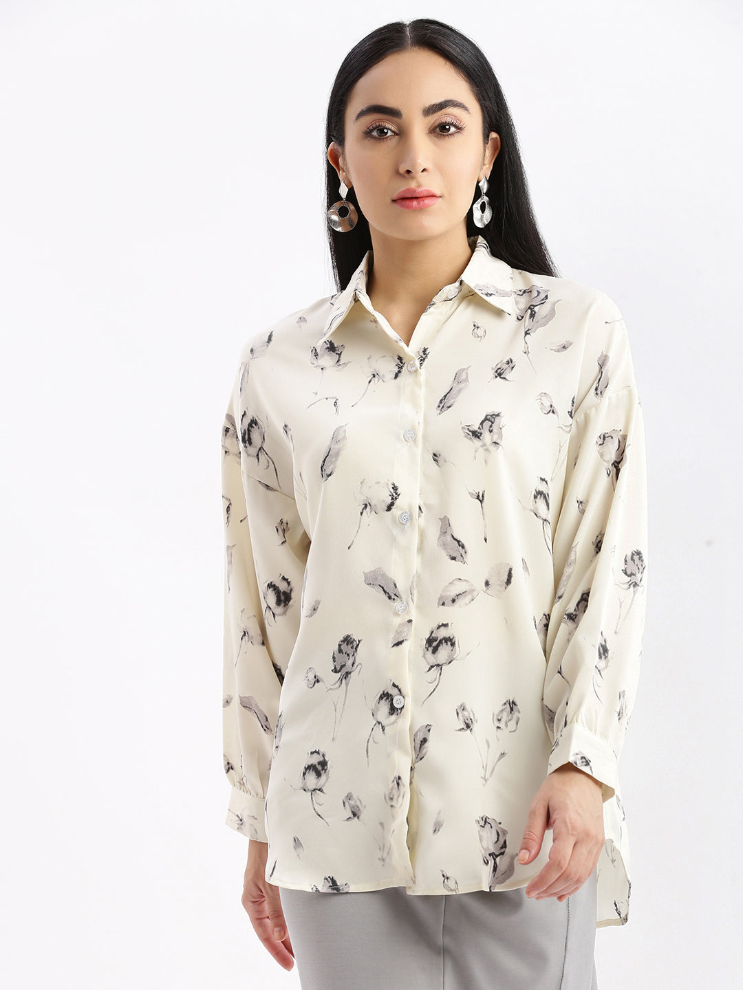 Women Abstract Cream Oversized Shirt