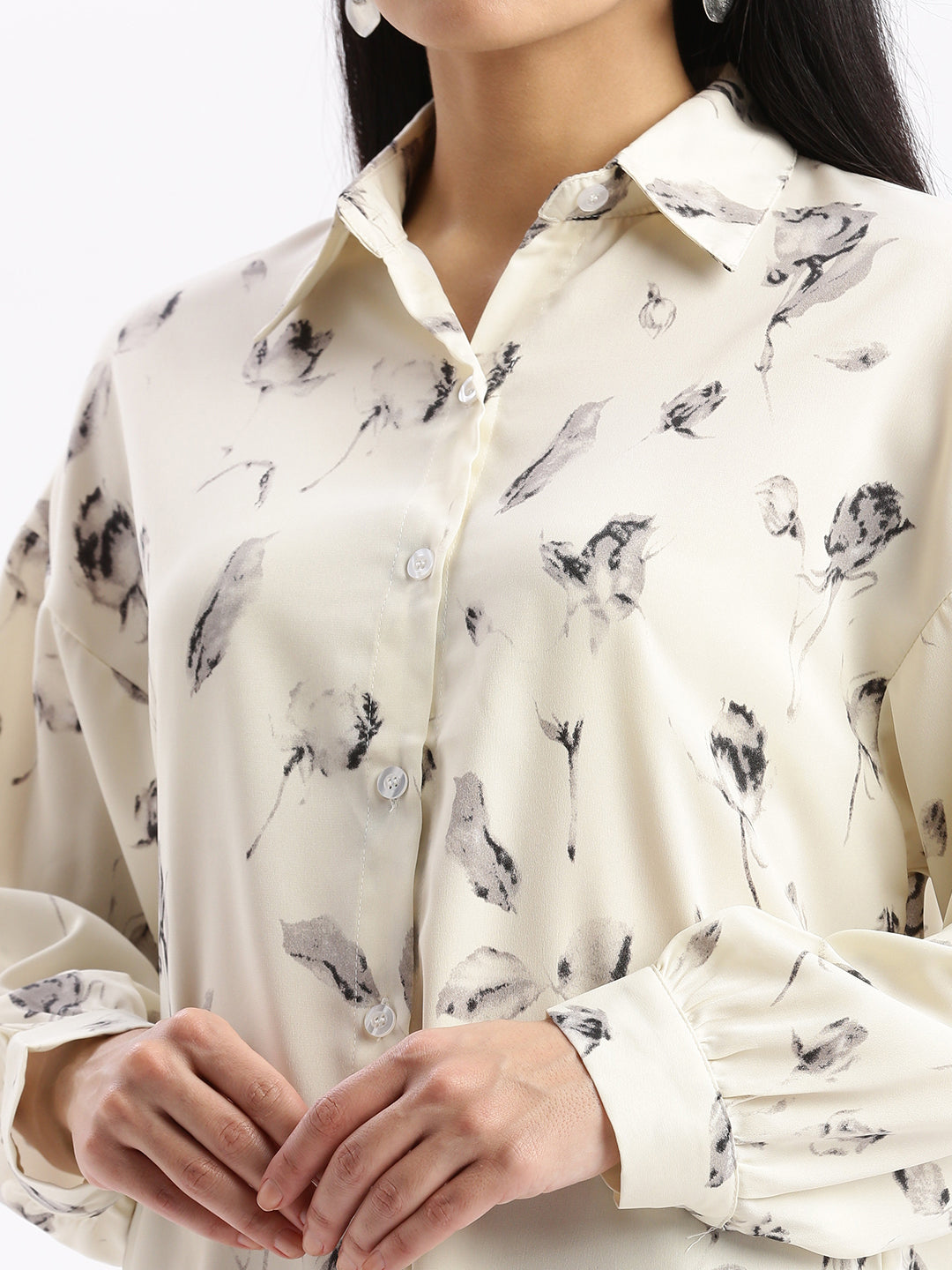 Women Abstract Cream Oversized Shirt