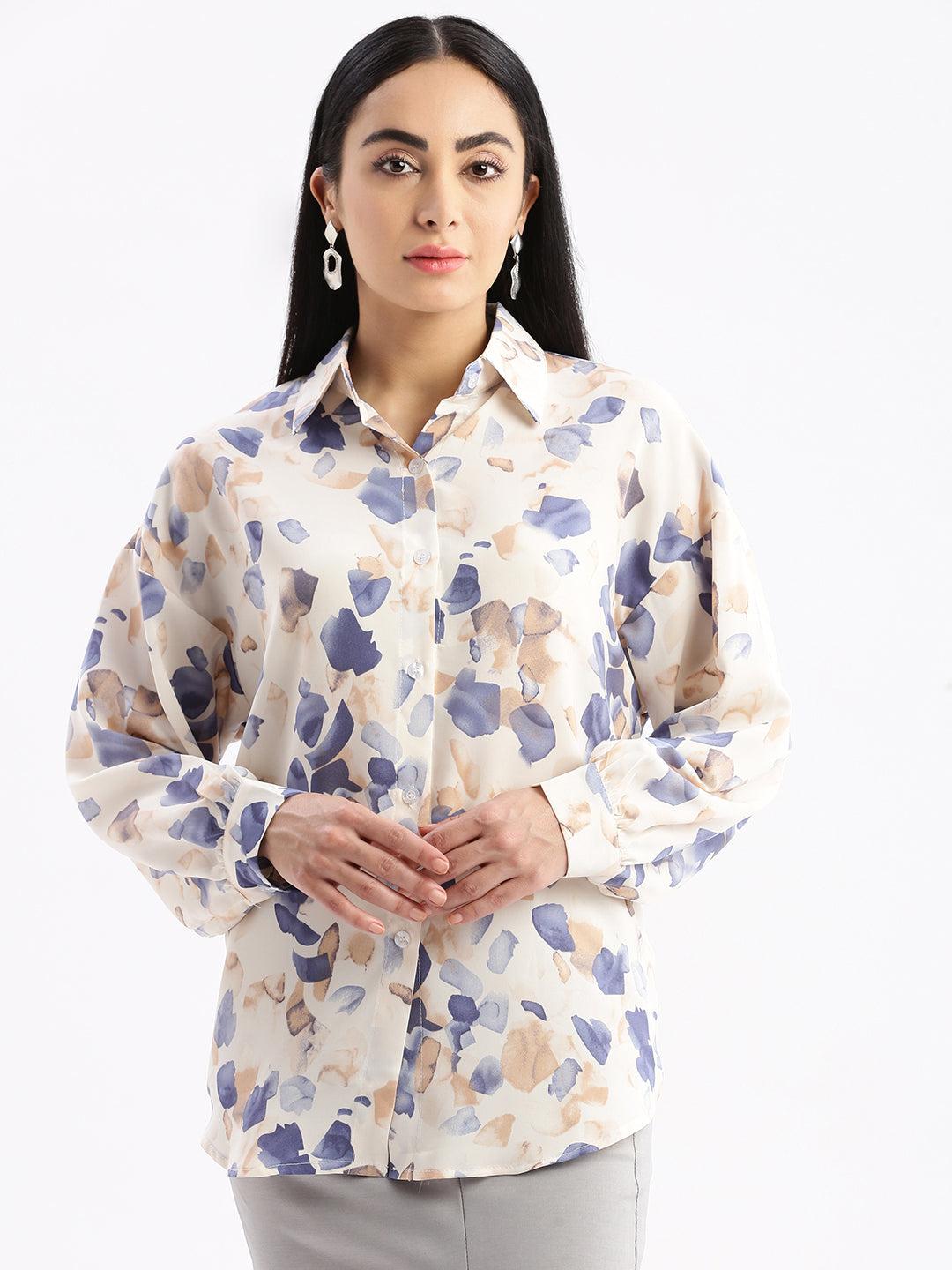 Women Abstract Cream Oversized Shirt