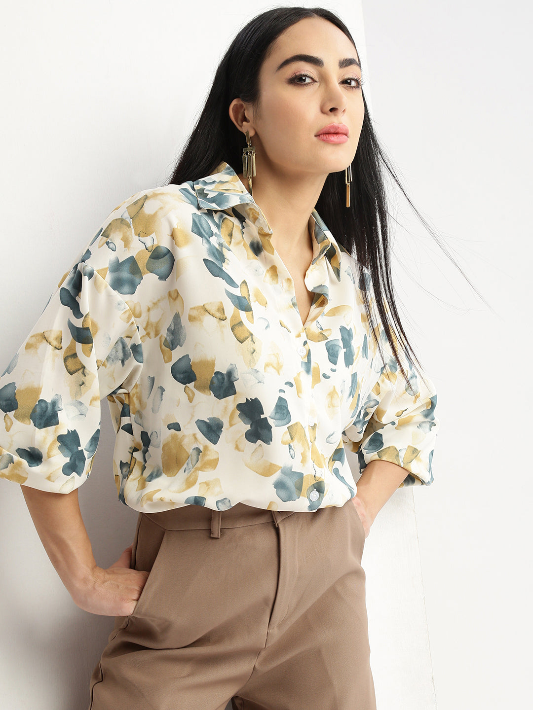 Women Abstract Cream Oversized Shirt