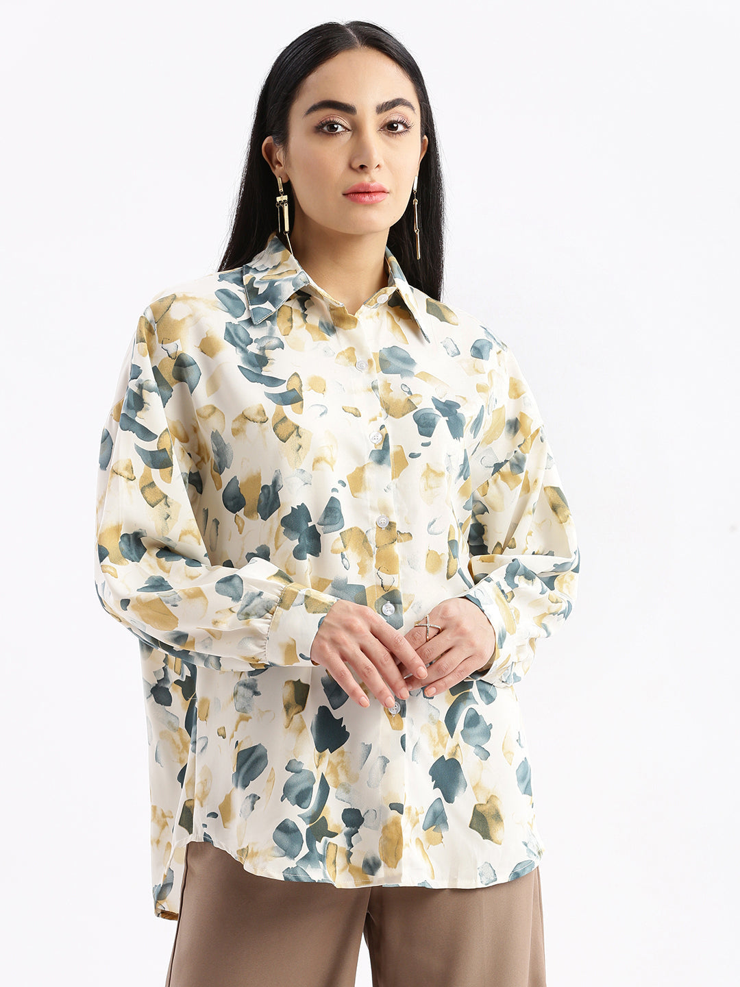 Women Abstract Cream Oversized Shirt