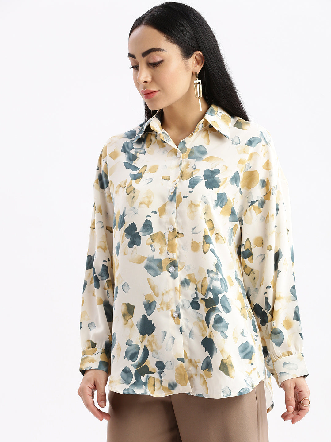 Women Abstract Cream Oversized Shirt