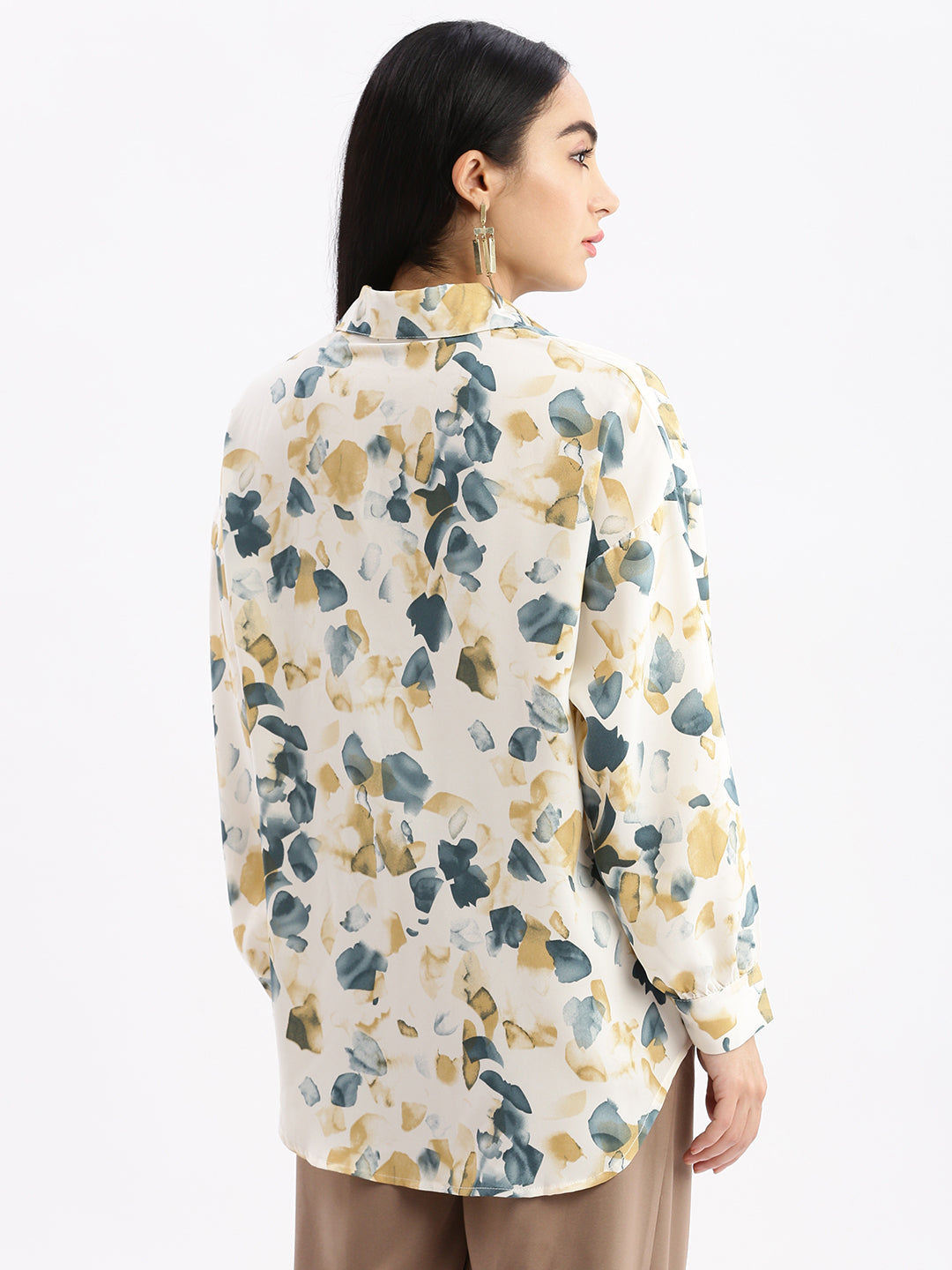 Women Abstract Cream Oversized Shirt