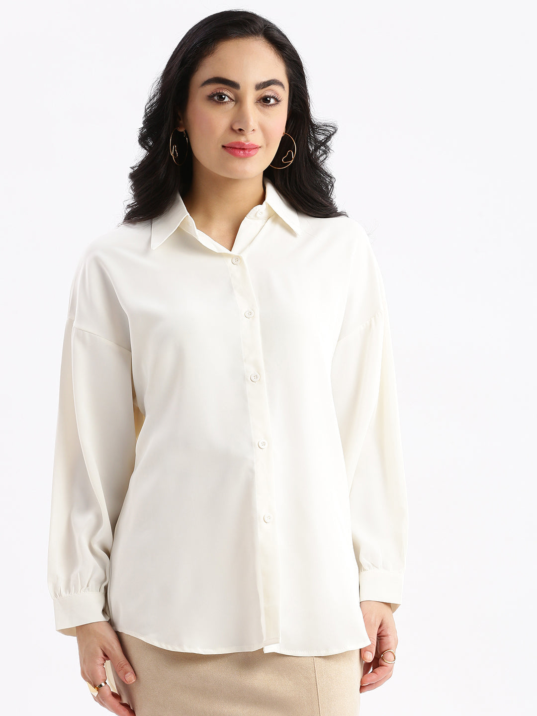 Women Solid Cream Oversized Shirt