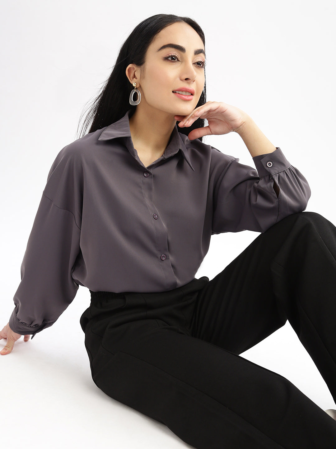 Women Solid Grey Oversized Shirt