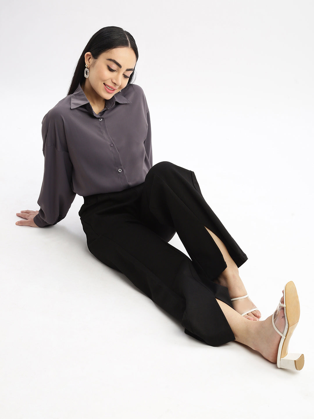 Women Solid Grey Oversized Shirt