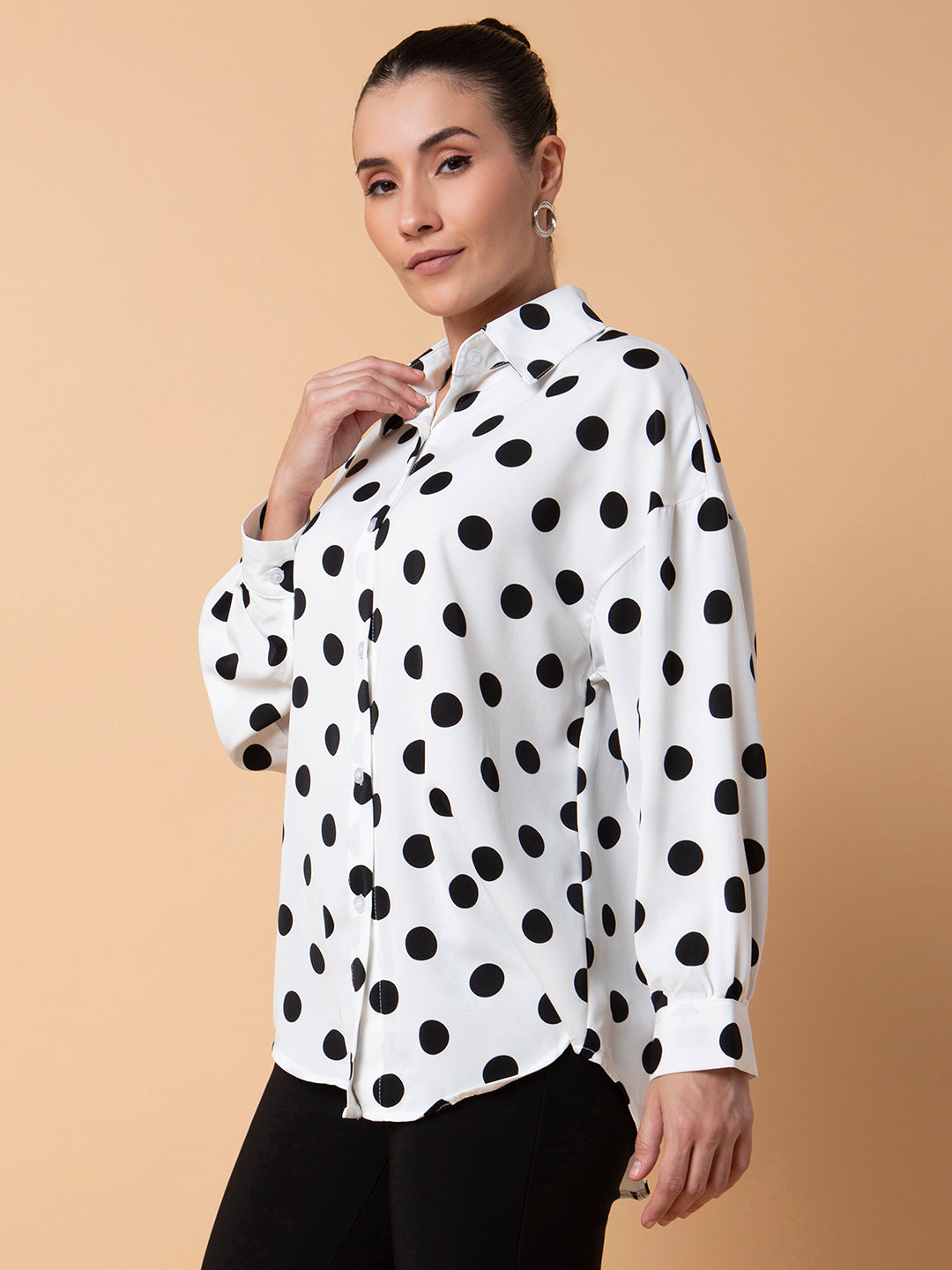 Women Polka Dots Off White Oversized Shirt