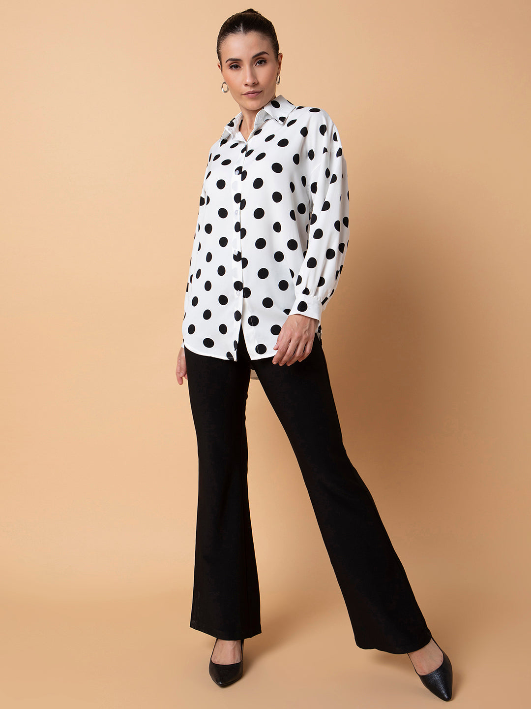 Women Polka Dots Off White Oversized Shirt