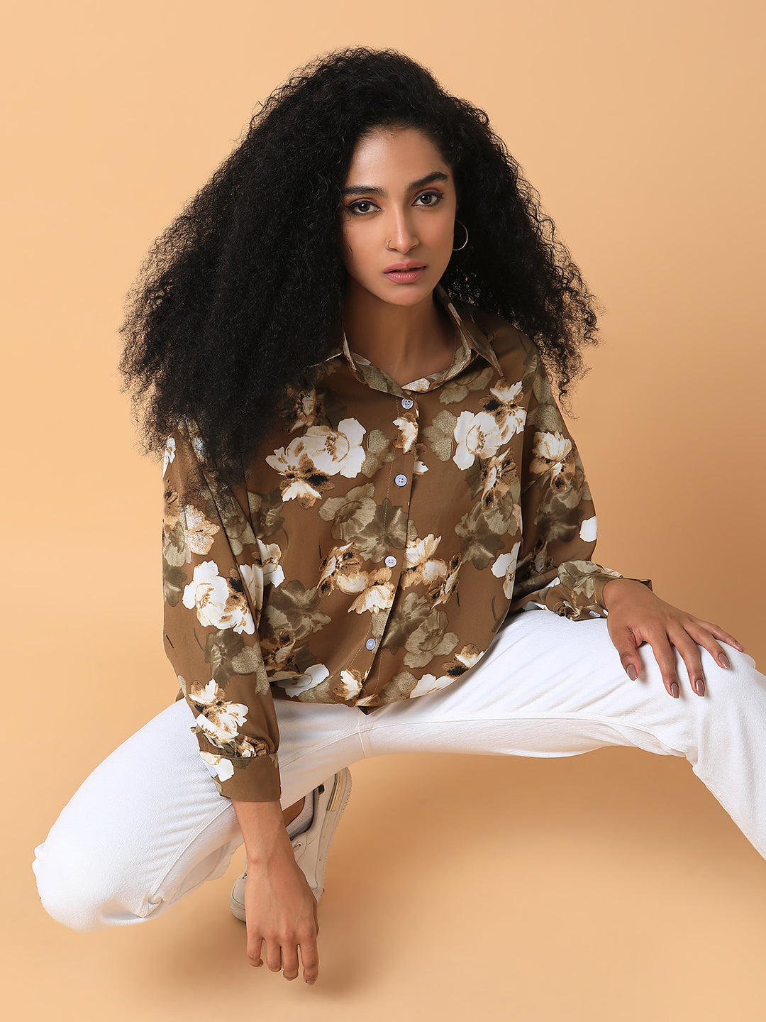 Women Floral Olive Oversized Shirt