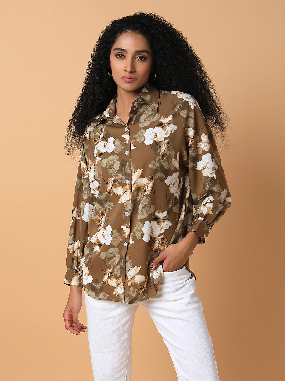 Women Floral Olive Oversized Shirt