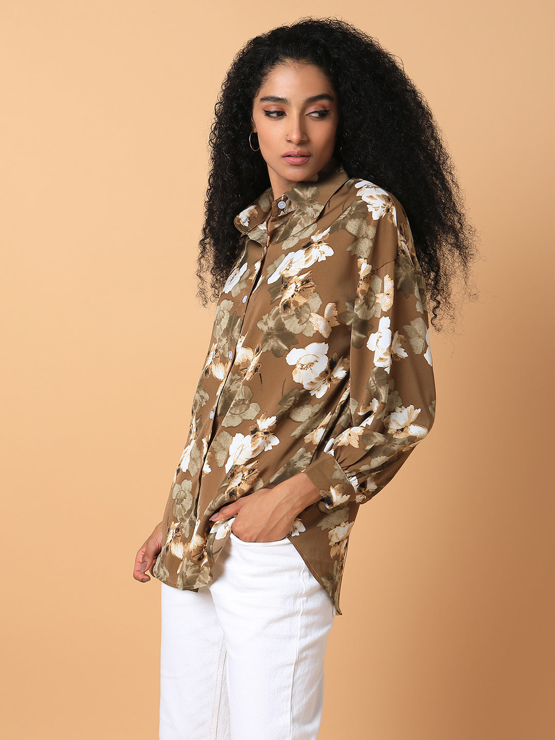 Women Floral Olive Oversized Shirt