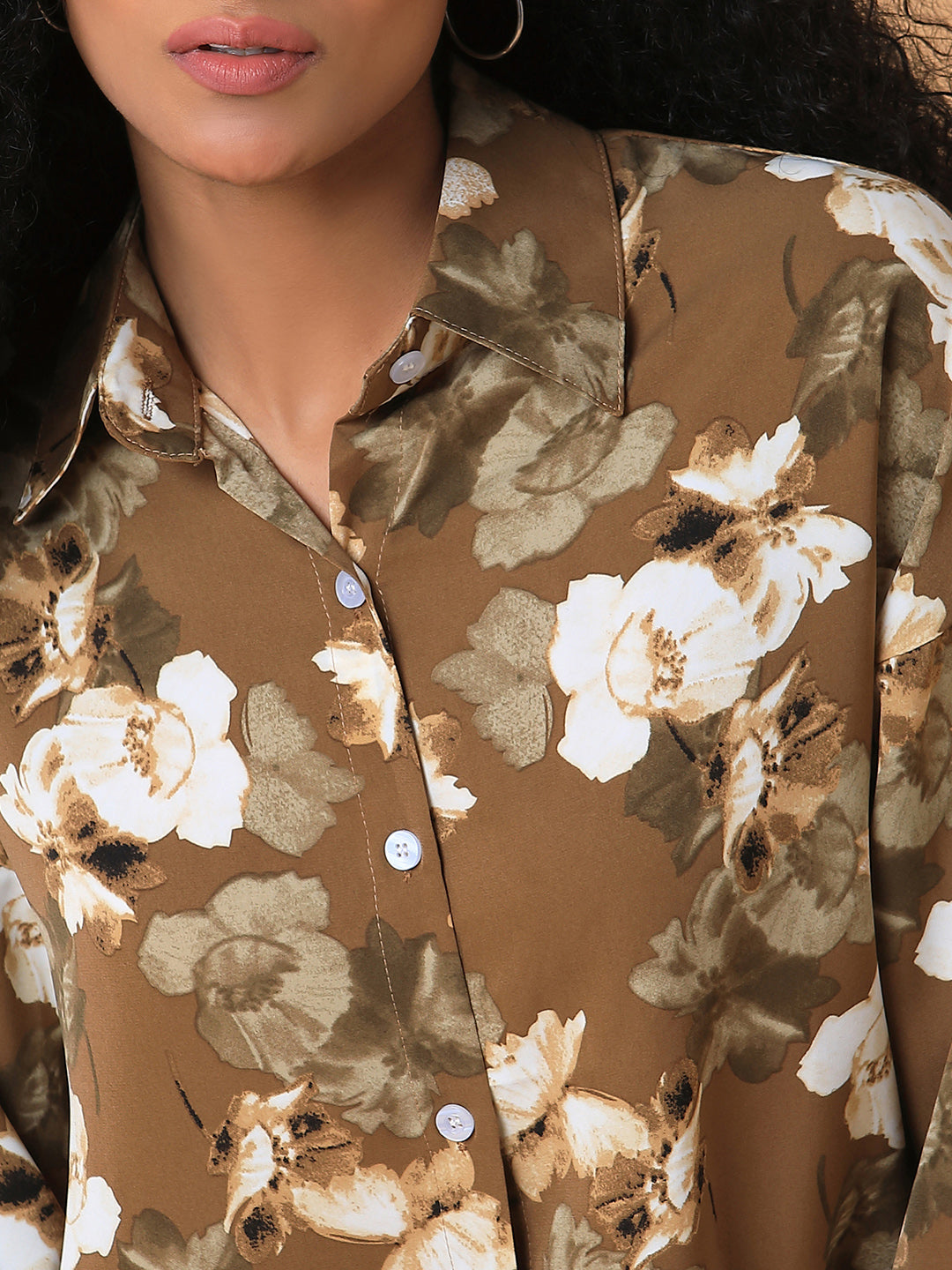 Women Floral Olive Oversized Shirt