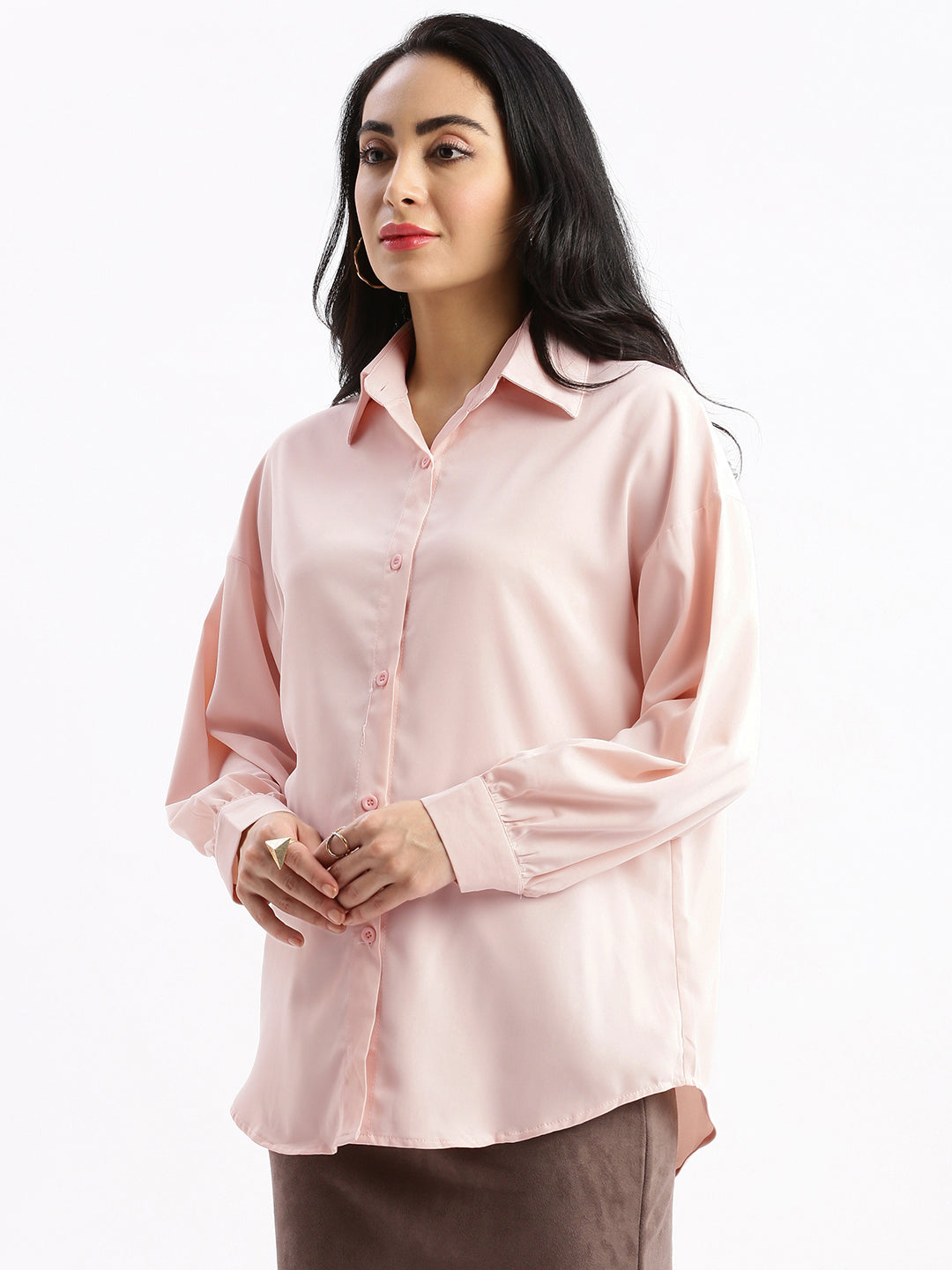 Women Solid Peach Oversized Shirt