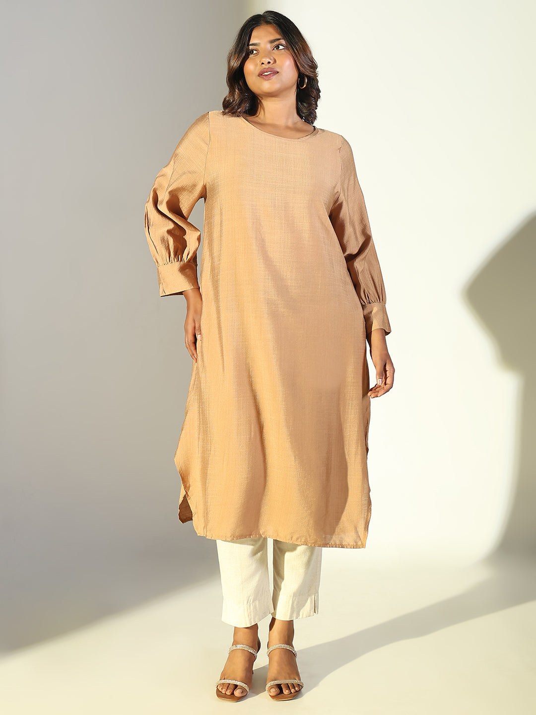 Women Beige Solid Straight Kurta