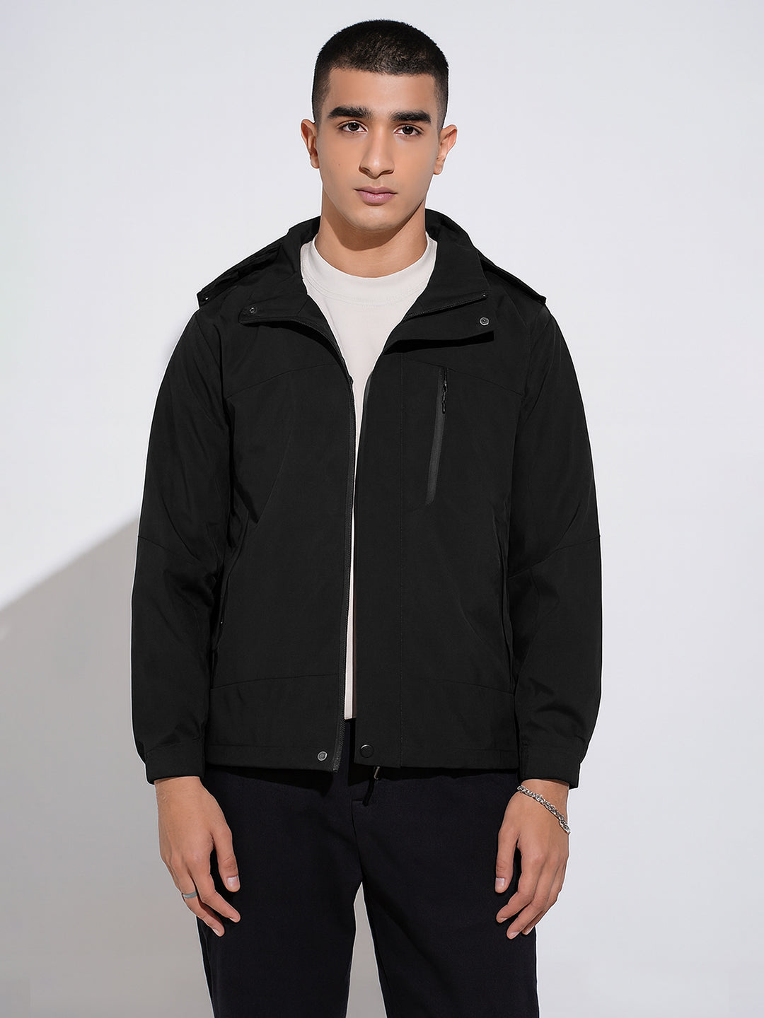 Men's Solid Black Hooded Zipper Jacket
