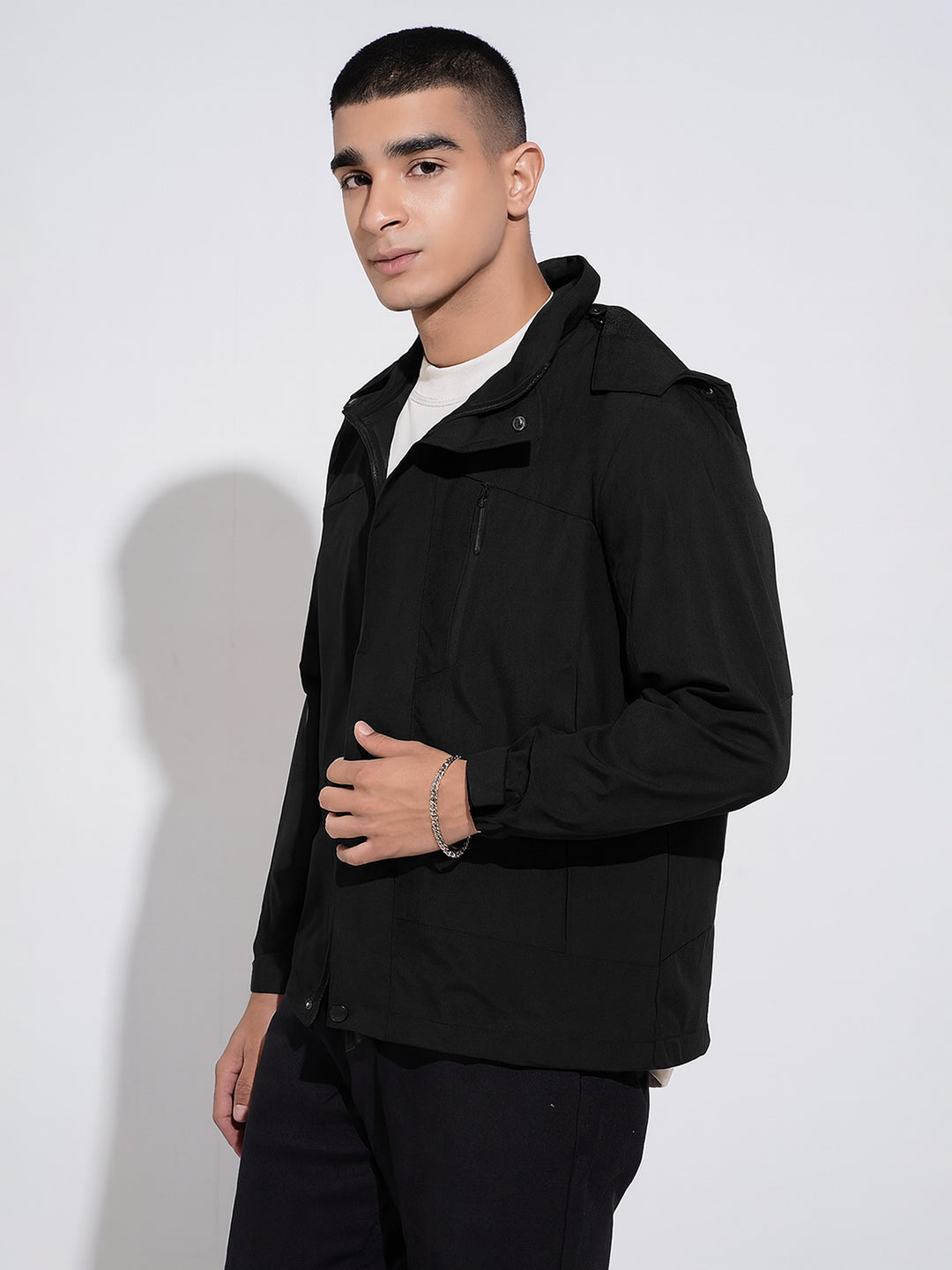 Men's Solid Black Hooded Zipper Jacket