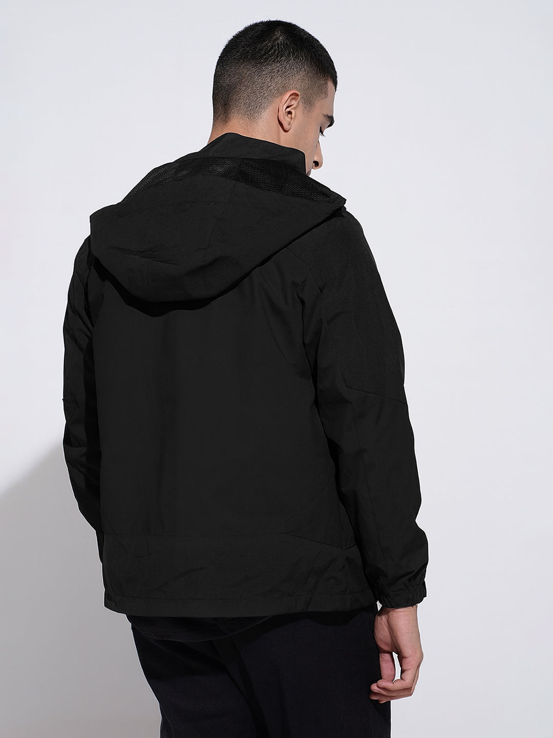 Men's Solid Black Hooded Zipper Jacket