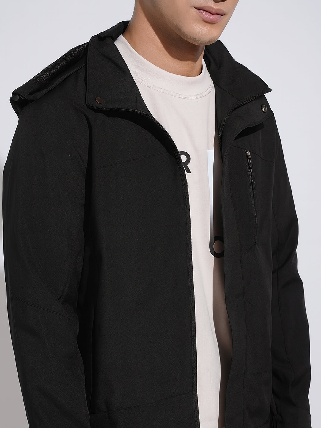 Men's Solid Black Hooded Zipper Jacket
